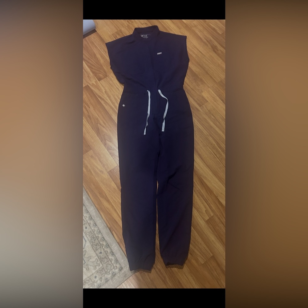 Figs Women's Navy Drawstring Track Jumpsuit with White Contrast
